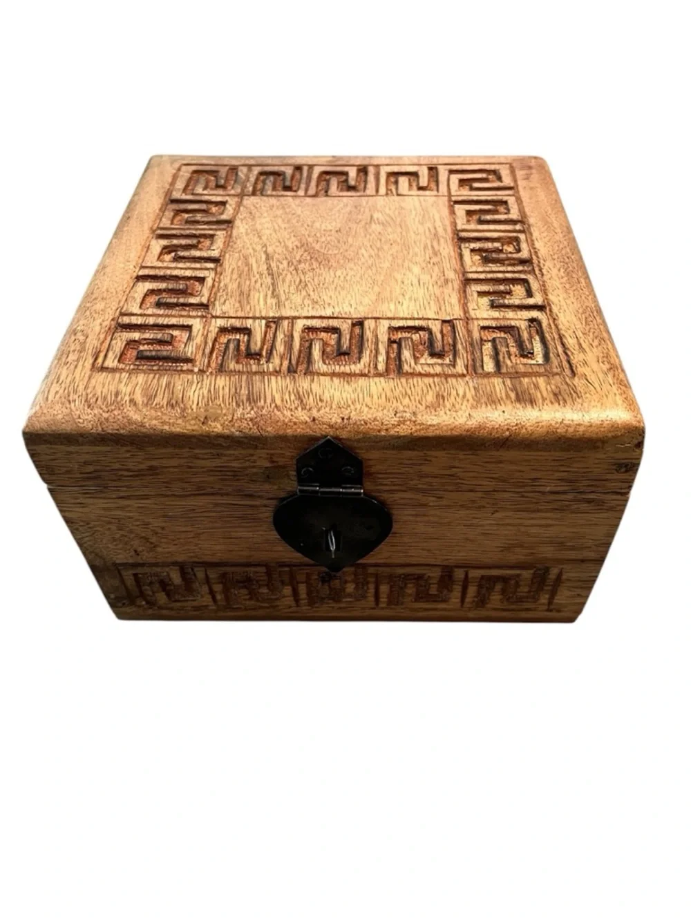 Hand-Carved Mango Wood Storage Box with Meander (Greek Key) pattern